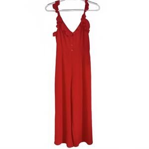 Red Divided Women's Jumpsuit with Ruffle Straps and Button Front